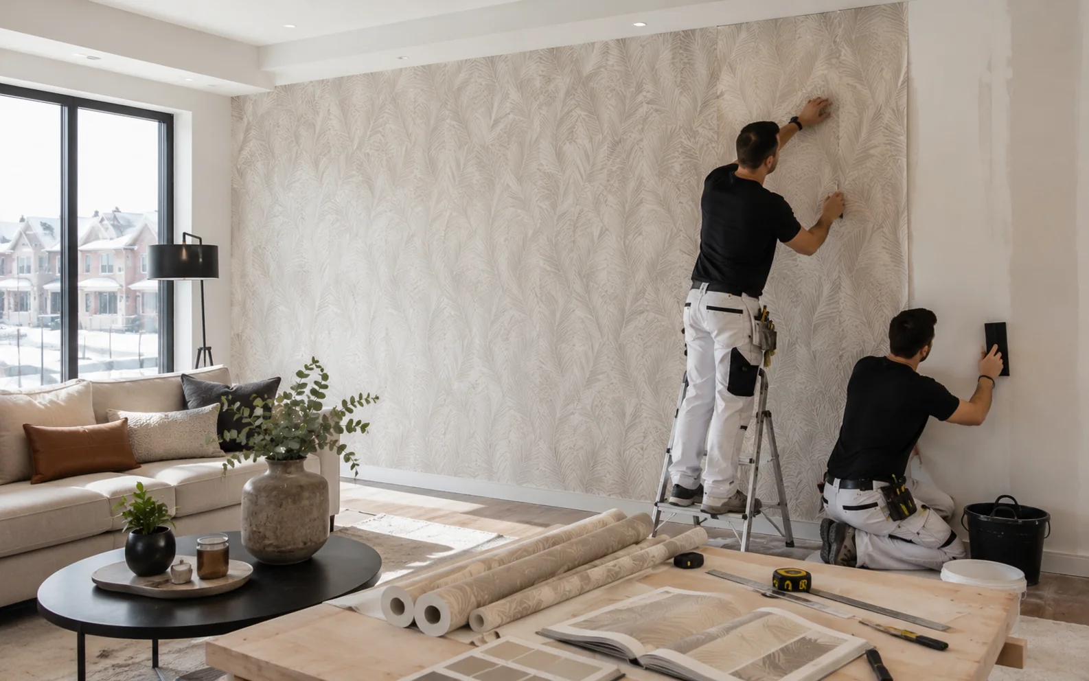 Wallpaper installers carefully aligning a pale patterned wallcovering in a finished living space